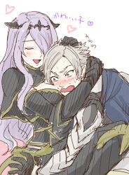 Rule 34 | 1boy, 1girl, blush, breasts, camilla (fire emblem), corrin (fire emblem), corrin (male) (fire emblem), fire emblem, fire emblem fates, grey hair, gumiten, heart, hug, large breasts, nintendo, open mouth, purple hair, surprised
