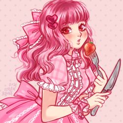 Rule 34 | 1girl, 2020, :o, blunt bangs, blush, bow, buttons, collared dress, cuffs, curly hair, dress, eating, fashion, food, fork, frills, fruit, gingham, hair bow, hair ornament, heart, heart hair ornament, holding, holding fork, holding knife, knife, lace, lace trim, lolita fashion, nail polish, open mouth, original, pink background, pink dress, pink eyes, pink hair, pink nails, polka dot, polka dot background, puffy short sleeves, puffy sleeves, red eyes, ribbon, short sleeves, signature, solo, strawbanna, strawberry, striped, sweet lolita