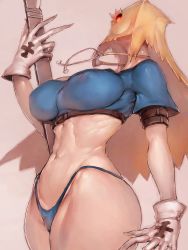 Rule 34 | 1girl, bag, blue panties, breasts, covered erect nipples, faust (guilty gear), fumio (rsqkr), genderswap, genderswap (mtf), gloves, glowing, glowing eye, guilty gear, guilty gear strive, highres, large breasts, midriff, navel, panties, paper bag, pink background, red eyes, scalpel, solo, thick thighs, thighs, toned, underwear, white gloves