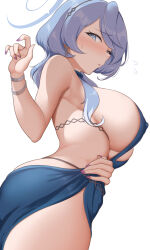 Rule 34 | 1girl, ako (blue archive), ako (dress) (blue archive), backless dress, backless outfit, bare shoulders, blue archive, blue dress, blue eyes, blue hair, blush, bracelet, breasts, cleavage, covered erect nipples, dress, earrings, flying sweatdrops, hair between eyes, hairband, halo, highres, jewelry, large breasts, looking at viewer, medium hair, nail polish, official alternate costume, open mouth, sideboob, solo, yasojima nejiro