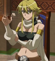 Rule 34 | 10s, 1girl, akame ga kill!, blonde hair, breasts, highres, large breasts, leone (akame ga kill!), long hair, smile, solo, stitched, third-party edit, yellow eyes