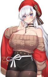 Rule 34 | 1girl, aran sweater, azur lane, belfast (azur lane), belfast (shopping with the head maid) (azur lane), beret, between breasts, blush, breasts, brown sweater, cable knit, choker, cleavage, collarbone, commentary request, cowboy shot, earrings, food, hat, highres, hoop earrings, jewelry, k jin, large breasts, long hair, looking at viewer, off-shoulder sweater, off shoulder, pantyhose, pocky, shawl, silver hair, skirt, smile, solo, sweater