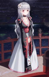 Rule 34 | 1girl, absurdres, breasts, cleavage, closed mouth, collarbone, commentary, commission, dress, dungeon fighter online, flower, full body, gem, hair flower, hair ornament, highres, large breasts, long hair, long sleeves, looking at viewer, night, night sky, outdoors, own hands together, ramyun sari, red eyes, silver hair, sky, snow, solo, stairs, standing, v arms, white flower, wide sleeves