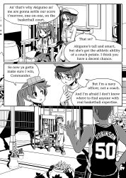 Rule 34 | 10s, basketball uniform, chair, color guide, comic, dark-skinned male, dark skin, david robinson, english text, female admiral (kancolle), flower, glasses, greyscale, hair tie, hand on own chin, hat, highres, house, kantai collection, magatama, military, military hat, military uniform, monochrome, national basketball association, open mouth, oversized object, pun, real life, ryuujou (kancolle), san antonio spurs, shadow, short hair, sitting, sixten, smile, sportswear, surprised, suspenders, twintails, uniform, vase, visor cap