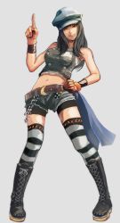 Rule 34 | 1girl, belt chain, bike shorts, black footwear, blue hat, boots, cabbie hat, cross-laced footwear, denim, final fantasy, final fantasy vii, final fantasy vii remake, gauss &lt;bokashi, gauss &lt;counting on more blur, gloves, hand on own hip, hat, highres, kyrie canaan, looking at viewer, navel, one eye closed, short shorts, shorts, shorts under shorts, sleeveless, smile, solo, square enix, stomach, striped clothes, striped thighhighs, thighhighs