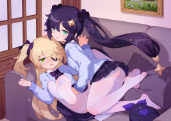 Rule 34 | 2girls, absurdres, blonde hair, blue sweater, blush, bow, bowtie, couch, eyepatch, feet, fischl (genshin impact), full body, genshin impact, girl on top, green eyes, hair between eyes, hair bow, hair ribbon, highres, long hair, long sleeves, looking at viewer, lying, mona (genshin impact), multiple girls, on back, on couch, pantyhose, parted lips, plaid, plaid skirt, purple bow, purple bowtie, purple hair, purple skirt, revision, ribbon, skirt, sleeveless, stuffed animal, stuffed bird, stuffed toy, sweater, thighband pantyhose, tsubasa tsubasa, twintails, two side up, very long hair, white pantyhose