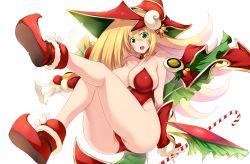 Rule 34 | 1girl, ass, blonde hair, boots, breasts, christmas, curvy, dark magician girl, duel monster, female focus, green eyes, hair over breasts, hat, highres, huge breasts, leotard, long hair, looking at viewer, magical girl, partially visible vulva, shiny skin, smile, solo, thick thighs, thighs, tsukasawa takamatsu, upper body, yu-gi-oh!, yu-gi-oh! duel monsters