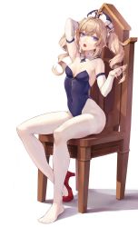 Rule 34 | 1girl, :o, absurdres, arm up, armpits, barbara (genshin impact), bare shoulders, blonde hair, blue eyes, blue leotard, breasts, chair, covered navel, detached collar, detached sleeves, genshin impact, hat, high heels, highleg, highleg leotard, highres, leotard, leviathan (hikinito0902), long hair, long sleeves, looking at viewer, open mouth, pantyhose, playboy bunny, red footwear, shoes, simple background, single shoe, sitting, small breasts, solo, strapless, strapless leotard, thighband pantyhose, twintails, white background, white hat, white pantyhose