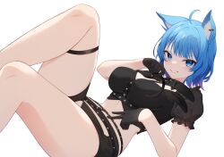 Rule 34 | 1girl, nanashi inc., ahoge, animal ears, animare, bare legs, belt, black gloves, black shirt, black shorts, blue eyes, blue hair, breasts, collared shirt, commentary request, crop top, cutoffs, detached collar, fake animal ears, gloves, grin, hairband, unworn hairband, highres, holding, legs up, looking at viewer, medium breasts, midriff, nishino eri, rabbit ears, reclining, see-through, see-through sleeves, shirt, short hair, short shorts, short sleeves, shorts, simple background, smile, solo, souya ichika, stomach, thigh strap, thighs, v, virtual youtuber, white background