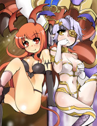 Rule 34 | 2girls, bare shoulders, bikini, breasts, character request, cleavage, demon girl, elbow gloves, eyepatch, fang, gloves, horns, long hair, lord of vermilion, multiple girls, navel, pointy ears, red eyes, shi ecchi, short hair, single thighhigh, smile, demon girl, succubus (lord of vermilion), swimsuit, tail, thighhighs, yellow eyes