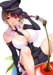 Rule 34 | 1girl, aburi saamon maru, bare shoulders, between breasts, bike shorts, black gloves, black necktie, blush, braid, breasts, brown eyes, brown hair, cherry, covered erect nipples, elbow gloves, food, fruit, gloves, hat, highres, holding, holding clothes, holding hat, idolmaster, idolmaster shiny colors, kuwayama chiyuki, large breasts, long braid, long hair, looking at viewer, necktie, necktie between breasts, open mouth, peaked cap, shorts, shorts under skirt, simple background, single braid, sitting, skirt, smile, solo, white background