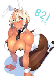 Rule 34 | 1girl, 2018, 23 (real xxiii), ahoge, all fours, animal ears, bare shoulders, black neckwear, black pantyhose, blonde hair, blue eyes, blush, breasts, brown pantyhose, bunny day, cleavage, collarbone, commentary request, covered erect nipples, dark-skinned female, dark skin, dated, detached collar, eyes visible through hair, fake animal ears, female focus, hair between eyes, highres, huge breasts, leotard, looking at viewer, muscular, original, pantyhose, parted lips, playboy bunny, rabbit ears, rabbit tail, sela (23), short hair, simple background, solo, tail, tan, white background, white leotard, wrist cuffs