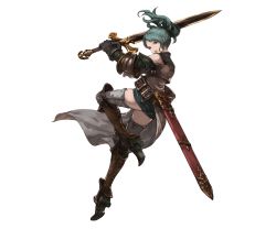 Rule 34 | 10s, 1girl, armor, armored boots, back, belt, blue hair, boots, brown eyes, full body, gloves, granblue fantasy, herja, long hair, minaba hideo, official art, open mouth, ponytail, solo, sword, transparent background, weapon