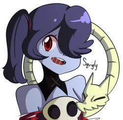 Rule 34 | 1girl, bare shoulders, blue skin, breasts, character name, colored skin, derpcat, detached collar, detached sleeves, female focus, hair over one eye, highres, red eyes, side ponytail, skull, skullgirls, solo, squigly (skullgirls), stitched mouth, stitches, striped, striped sleeves, zombie