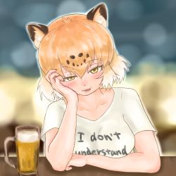 Rule 34 | 10s, 1girl, absurdres, alcohol, alternate costume, animal ears, ao244 oekaki, arm rest, arm support, bad id, bad pixiv id, bar (place), bare arms, beer, beer mug, blurry, blurry background, blush, clothes writing, collarbone, commentary request, cup, drinking glass, drunk, english text, hair between eyes, half-closed eyes, hand on own cheek, hand on own face, head rest, highres, indoors, jaguar (kemono friends), jaguar ears, kemono friends, light brown hair, looking at viewer, mug, multicolored hair, naughty face, shirt, short hair, short sleeves, smile, solo, t-shirt, tongue, tongue out, two-tone hair, upper body, white hair, white shirt, yellow eyes