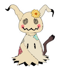 Rule 34 | 10s, @ @, creatures (company), flower, full body, game freak, gen 7 pokemon, highres, kevin hong, looking at viewer, mimikyu, nintendo, patch, pokemon, pokemon sm, simple background, stick, stitches, white background