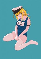Rule 34 | 1girl, bad id, bad twitter id, blonde hair, blue background, blue eyes, breasts, glasses, hat, head tilt, i-8 (kancolle), infinity symbol, kantai collection, large breasts, low twintails, name tag, ojipon, one-piece swimsuit, peaked cap, red-framed eyewear, sailor hat, school swimsuit, semi-rimless eyewear, simple background, sitting, solo, swimsuit, thighhighs, twintails, wariza, white thighhighs