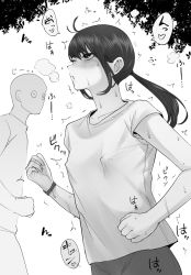 Rule 34 | 1girl, blush, breasts, collarbone, commentary request, covered erect nipples, faceless, faceless male, greyscale, heart, long hair, monochrome, open mouth, original, ponytail, ricochet-gou, shirt, short sleeves, simple background, small breasts, solo focus, sound effects, speech bubble, steam, sweat, nervous sweating, trembling, watch, wristwatch