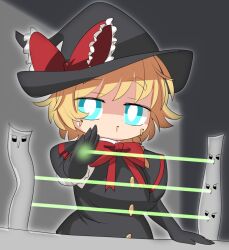 Rule 34 | 1girl, black capelet, black gloves, black hat, black vest, blocking, blonde hair, blue eyes, bow, bowtie, breasts, bright pupils, buttons, capelet, commentary request, cookie (touhou), elbow gloves, extra mouth, gloves, hand up, hat, hat bow, highres, kirisame marisa, laser, lets0020, looking at viewer, medium bangs, medium breasts, meguru (cookie), open mouth, red bow, red bowtie, shaded face, shirt, short hair, smile, solo, touhou, upper body, vest, white pupils, white shirt, witch hat, yuuhi (cookie)