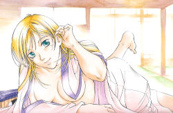 Rule 34 | 1girl, akimine kamijyo, bed, bed sheet, blanket, blonde hair, breasts, cleavage, collarbone, green eyes, indoors, looking at viewer, lying, on bed, on stomach, samurai deeper kyo, shiina yuya, smile, solo, under covers, waking up
