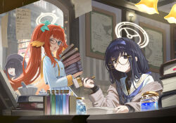 Rule 34 | 3girls, bags under eyes, beret, black hair, black hat, blue archive, blue eyes, blush, book, cardigan, glasses, grey cardigan, hairband, halo, hat, highres, indoors, jewelry, jiki (gkdlfnzo1245), justice task force member (blue archive), long hair, long sleeves, looking at viewer, multiple girls, neckerchief, one eye closed, open mouth, orange hair, paper, pendant, purple eyes, purple hairband, purple neckerchief, red halo, round eyewear, sailor collar, shimiko (blue archive), smile, twintails, ui (blue archive), white sailor collar, yellow halo
