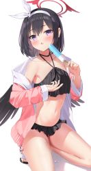 Rule 34 | 1girl, armpits, bare shoulders, bikini, bikini skirt, black bikini, black choker, black hair, blue archive, choker, collarbone, dripping, fang, feathered wings, food, frilled bikini, frills, halo, halterneck, highres, holding, jacket, kneeling, kyonta, looking at viewer, mashiro (blue archive), mashiro (swimsuit) (blue archive), midriff, navel, off shoulder, open clothes, open jacket, open mouth, pink jacket, popsicle, purple eyes, sandals, short hair, simple background, slippers, solo, stomach, sweatdrop, swimsuit, thighs, white background, winged halo, wings
