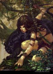 Rule 34 | 1girl, artist name, bayard wu, bracelet, brown hair, dagger, dated, facial mark, jewelry, knife, leaf, legend of the cryptids, long hair, midriff, nail polish, official art, panther, slit pupils, solo, tree, watermark, weapon, web address