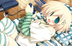 Rule 34 | 1girl, aqua eyes, blonde hair, blush, cameo, controller, eyes visible through hair, fang, game controller, green theme, indoors, kaizou choujin shubibinman, layered sleeves, long sleeves, lying, nec corporation, on back, open mouth, original, pc engine, pillow, playing games, remote control, sakaki (noi-gren), short hair, short over long sleeves, short sleeves, solo, striped clothes, striped thighhighs, thighhighs, thighs, wooden floor