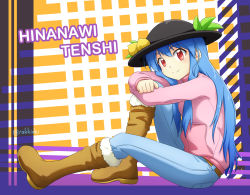 Rule 34 | 1girl, belt, blue hair, boots, brown footwear, character name, contemporary, denim, from side, full body, hat, highres, hinanawi tenshi, jeans, long hair, looking at viewer, pants, pants tucked in, peach hat ornament, rakkidei, red eyes, sitting, solo, sweater, touhou, twitter username