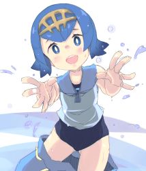 Rule 34 | 1girl, :d, absurdres, bare arms, black one-piece swimsuit, blue eyes, blue hair, blue one-piece swimsuit, blue pants, bright pupils, clothes pull, collarbone, cowboy shot, creatures (company), crop top, eyebrows, eyelashes, facing viewer, game freak, gluteal fold, hairband, highres, kohaku q, lana (pokemon), legs apart, looking at viewer, nintendo, one-piece swimsuit, open mouth, outstretched arms, pants, pants pull, pokemon, pokemon sm, reaching, reaching towards viewer, ribbon-trimmed clothes, ribbon trim, sailor collar, shirt, short hair, sleeveless, sleeveless shirt, smile, solo, standing, swimsuit, swimsuit under clothes, tareme, teeth, trial captain, water, wet, white pupils, white shirt, yellow hairband