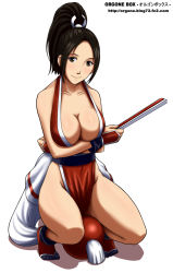 Rule 34 | 1girl, ball, black hair, breasts, brown eyes, cleavage, fatal fury, female focus, folded fan, folding fan, gloves, hair tie, hand fan, highres, large breasts, pelvic curtain, ponytail, revealing clothes, shiranui mai, shoes, simple background, solo, the king of fighters, watermark, web address, yas