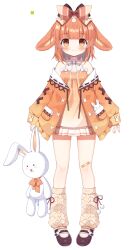 Rule 34 | 1girl, animal ears, bandaid, bandaid on leg, blunt bangs, blush, bow, brown footwear, brown leg warmers, choker, closed mouth, dot nose, dress, full body, gradient jacket, highres, holding, holding stuffed toy, jacket, leg warmers, loafers, long sleeves, looking at viewer, mauve, miuna usako, official art, orange bow, orange dress, orange eyes, orange hair, orange jacket, pixellink, pom pom (clothes), rabbit ears, rabbit girl, shoes, smile, solo, square, standing, striped bow, stuffed toy, transparent background, virtual youtuber, white bow, white choker