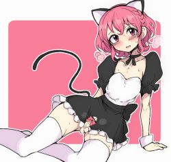 Rule 34 | 1boy, animal ears, arm support, blush, braid, breath, cat ears, cat tail, crossdressing, erection, fake animal ears, foreskin, frilled skirt, frilled sleeves, frills, reona west, lying, male focus, motsuaki, no panties, penis, penis ribbon, pink background, pink hair, pretty series, pripara, puffy sleeves, purple eyes, ribbon, short sleeves, simple background, skirt, skirt set, small penis, solo, sweat, sweatdrop, tail, thighhighs, trap, two-tone background, white background, white thighhighs, wrist cuffs