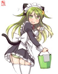 Rule 34 | 1girl, alternate costume, animal ears, apron, artist logo, ass, black dress, bucket, cat ears, cat tail, commentary request, crescent, crescent hair ornament, dated, dress, enmaided, fang, frilled apron, frills, from behind, garter straps, green eyes, green hair, hair ornament, highres, kanon (kurogane knights), kantai collection, long hair, looking at viewer, looking back, maid, nagatsuki (kancolle), panties, rag, simple background, skin fang, solo, striped clothes, striped panties, tail, thighhighs, underwear, white apron, white background, white thighhighs