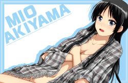Rule 34 | 1girl, akiyama mio, black hair, blue eyes, bow, breasts, cleavage, crossed arms, dutch angle, fringe trim, k-on!, long hair, naked poncho, no10, nude, open mouth, poncho, small breasts, solo