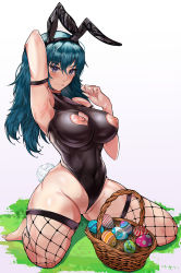 Rule 34 | 1girl, :p, animal ears, arm behind head, armband, armpits, bare shoulders, barefoot, basket, blue hair, breasts, byleth (female) (fire emblem), byleth (fire emblem), cleavage, cleft of venus, closed mouth, collarbone, commentary request, curled fingers, easter, easter egg, egg, fake animal ears, fake tail, feet, fire emblem, fire emblem: three houses, fishnets, full body, grass, grey eyes, hair between eyes, highleg, highleg leotard, highres, intelligent systems, large breasts, leotard, long hair, looking at viewer, nintendo, nipple cutout, nipples, no bra, playboy bunny, polka dot, presenting armpit, rabbit tail, seiza, shadow, sign, sign around neck, simple background, sitting, skin tight, sleeveless, solo, split mouth, spread legs, striped, t3x, tail, thick thighs, thighs, tongue, tongue out, wedgie, white background