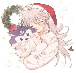 Rule 34 | 1boy, alternate costume, blush, christmas, closed eyes, commentary, facial scar, genshin impact, grey hair, hair between eyes, hat, holding, holding stuffed toy, holly, long hair, long sleeves, male focus, pajamas, razor (genshin impact), razor is cute, santa hat, scar, scar on cheek, scar on face, simple background, smile, solo, star (symbol), stuffed animal, stuffed toy, stuffed wolf, symbol-only commentary, upper body, wreath