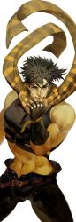Rule 34 | 1boy, bare shoulders, black hair, blood, blood on face, blue eyes, fingerless gloves, gloves, jojo no kimyou na bouken, joseph joestar, joseph joestar (young), male focus, manly, midriff, muscular, narrow waist, scarf, solo, spiked hair, striped clothes, striped scarf, white-corner