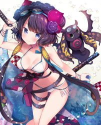 Rule 34 | &gt;:), 1girl, bad id, bad pixiv id, bangle, bikini, blue eyes, blush, bracelet, breasts, closed mouth, collarbone, commentary request, fate/grand order, fate (series), fingernails, floral print, goggles, goggles on head, hair ornament, hand up, highres, holding, holding sword, holding weapon, jewelry, katana, katsushika hokusai (fate), katsushika hokusai (swimsuit saber) (fate), leaning forward, long hair, low twintails, masayo (gin no ame), medium breasts, navel, purple hair, sheath, sheathed, short hair with long locks, smile, swimsuit, sword, tokitarou (fate), twintails, v-shaped eyebrows, very long hair, weapon, white background, white bikini