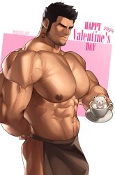 Rule 34 | 1boy, abs, absurdres, apron, artist name, bara, black hair, brown apron, closed mouth, cup, facial hair, happy valentine, highres, holding, holding cup, holding plate, large pectorals, looking at viewer, lucas lee, male focus, muscular, muscular male, naked apron, navel, neck tattoo, nipples, number tattoo, one eye closed, pectorals, plate, ruisselait, scott pilgrim (series), scott pilgrim takes off, short hair, smile, solo, tattoo, waist apron