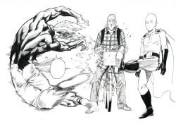 Rule 34 | 3boys, absurdres, backpack, bag, bald, belt, bicycle, bodysuit, cape, checkered clothes, checkered shirt, closed mouth, garou (one-punch man), gloves, hair slicked back, highres, jitome, kicking, king (one-punch man), long sleeves, monochrome, motion blur, multiple boys, murata yuusuke, official art, one-punch man, pants, parted lips, saitama (one-punch man), scan, scar, scar across eye, scar on face, shirt, shoes, simple background, traditional media, white background, wide-eyed