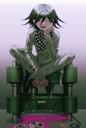 Rule 34 | 1boy, black footwear, black hair, blood, card, checkered clothes, checkered neckwear, checkered scarf, closed eyes, crossed legs, danganronpa (series), danganronpa v3: killing harmony, hair between eyes, highres, holding, holding card, long sleeves, male focus, open mouth, oma kokichi, pink blood, playing card, scarf, sitting, solo, straitjacket, visket53
