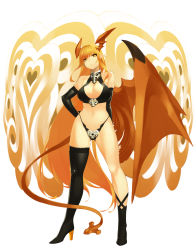 Rule 34 | 1girl, 92m, arms behind back, asymmetrical clothes, bad id, bad pixiv id, blonde hair, boots, breasts, cleavage, demon girl, demon tail, demon wings, elbow gloves, gloves, hand on own hip, head wings, heart, highres, horns, large breasts, long hair, lord of vermilion, navel, orange hair, pointy ears, sagano yuuji, single thighhigh, single wing, solo, demon girl, succubus (lord of vermilion), tail, thighhighs, very long hair, wings, yellow eyes