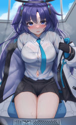Rule 34 | 1girl, black gloves, black skirt, blue archive, blue eyes, blue necktie, bra visible through clothes, breasts, button gap, gloves, halo, highres, jacket, large breasts, long hair, looking at viewer, navel, necktie, nekojima, purple hair, see-through, shirt, sitting, skirt, solo, thighs, two side up, wet, wet clothes, wet shirt, white jacket, white shirt, yuuka (blue archive)