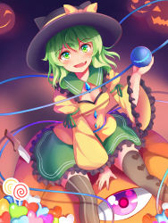 Rule 34 | 1girl, :d, asymmetrical legwear, between legs, black hat, blush, bow, candy, commentary request, fang, food, green eyes, green hair, hand between legs, hat, hat bow, heart, highres, holding, jack-o&#039;-lantern, knife, komeiji koishi, lollipop, long sleeves, looking at viewer, mismatched legwear, nagomian, open mouth, puffy long sleeves, puffy sleeves, sitting, skirt, smile, solo, striped clothes, striped legwear, striped thighhighs, swirl lollipop, thighhighs, third eye, touhou, vertical-striped clothes, vertical-striped thighhighs, wide sleeves, yellow bow