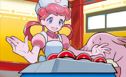 Rule 34 | 1girl, :d, apron, black eyes, blue eyes, blush, breasts, chansey, closed mouth, creature, creatures (company), egg, eyelashes, game freak, gen 1 pokemon, happy, hat, indoors, joy (pokemon), long hair, nintendo, nurse cap, official art, open mouth, outstretched arms, pink hair, poke ball, poke ball (basic), pokemon, pokemon (creature), pokemon center, pokemon tcg, puffy short sleeves, puffy sleeves, short sleeves, small breasts, smile, spread arms, standing, third-party source, tokiya, white headwear, window