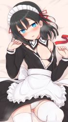 Rule 34 | 1girl, alternate costume, apron, bad id, bad pixiv id, black bra, black dress, black hair, blue eyes, blush, bra, breasts, dress, enmaided, frilled apron, frills, groin, hair between eyes, hair ribbon, highres, layla (mino), long hair, long sleeves, looking at viewer, maid, maid headdress, nonono (mino), nose blush, off shoulder, open clothes, open dress, original, panties, parted lips, red ribbon, ribbon, ringed eyes, small breasts, solo, sweat, thighhighs, underwear, waist apron, white apron, white panties, white thighhighs