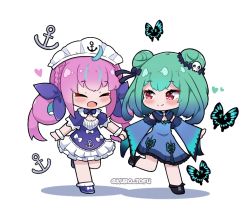 Rule 34 | 2girls, :d, ahoge, anchor, anchor symbol, animal, black footwear, blue bow, blue dress, blue footwear, blue hair, blue ribbon, blue sleeves, blush, bow, braid, bug, butterfly, chibi, closed eyes, closed mouth, commentary, detached sleeves, double bun, dress, frilled dress, frills, gradient hair, green hair, hair bun, hair ornament, hair ribbon, holding hands, hololive, insect, kurotofu, long hair, long sleeves, maid headdress, minato aqua, minato aqua (1st costume), multicolored hair, multiple girls, open mouth, pink hair, puffy short sleeves, puffy sleeves, red eyes, ribbon, running, shadow, shoes, short sleeves, skull hair ornament, sleeveless, sleeveless dress, smile, twintails, twitter username, two-tone hair, uruha rushia, uruha rushia (1st costume), very long hair, virtual youtuber, white background, wide sleeves