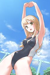Rule 34 | 1girl, armpits, arms up, blonde hair, breasts, brown eyes, cloud, competition swimsuit, day, highres, hikaru ga chikyuu ni itakoro, long hair, one-piece swimsuit, open mouth, own hands together, shikibu honoka, shingyou (alexander-13), sky, solo, swimsuit, wet