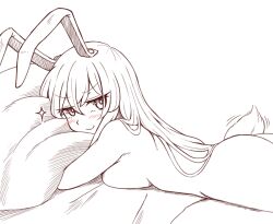 Rule 34 | 1girl, animal ears, ass, bed, blush, breast press, cachemerro, completely nude, looking at viewer, lying, monochrome, nude, hugging object, on stomach, pillow, pillow hug, rabbit ears, rabbit girl, rabbit tail, reisen udongein inaba, smile, solo, sparkle, tail, tail wagging, touhou, white background